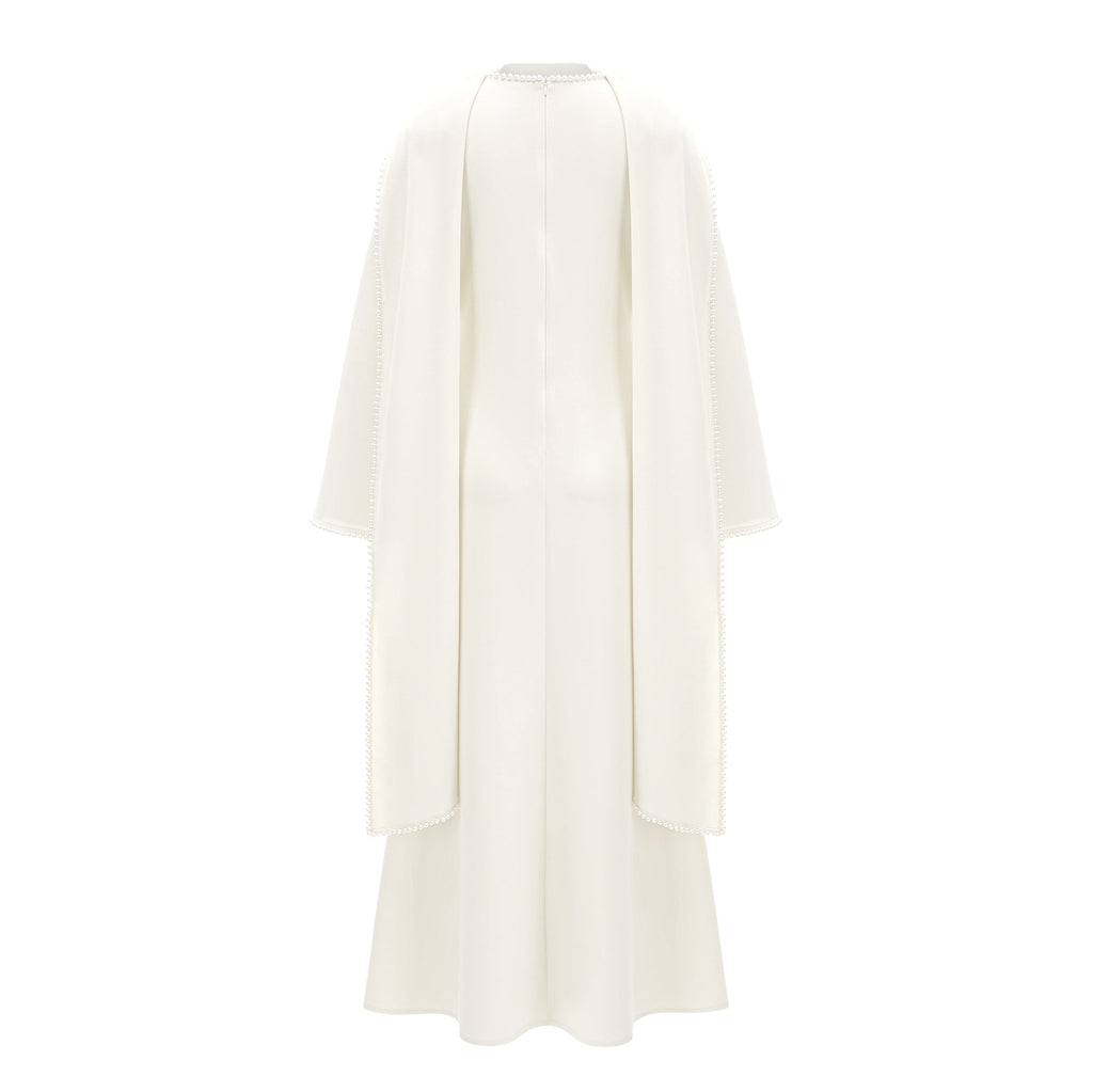 Piroska White Pearl Trim Shawl Detail Maxi Dress