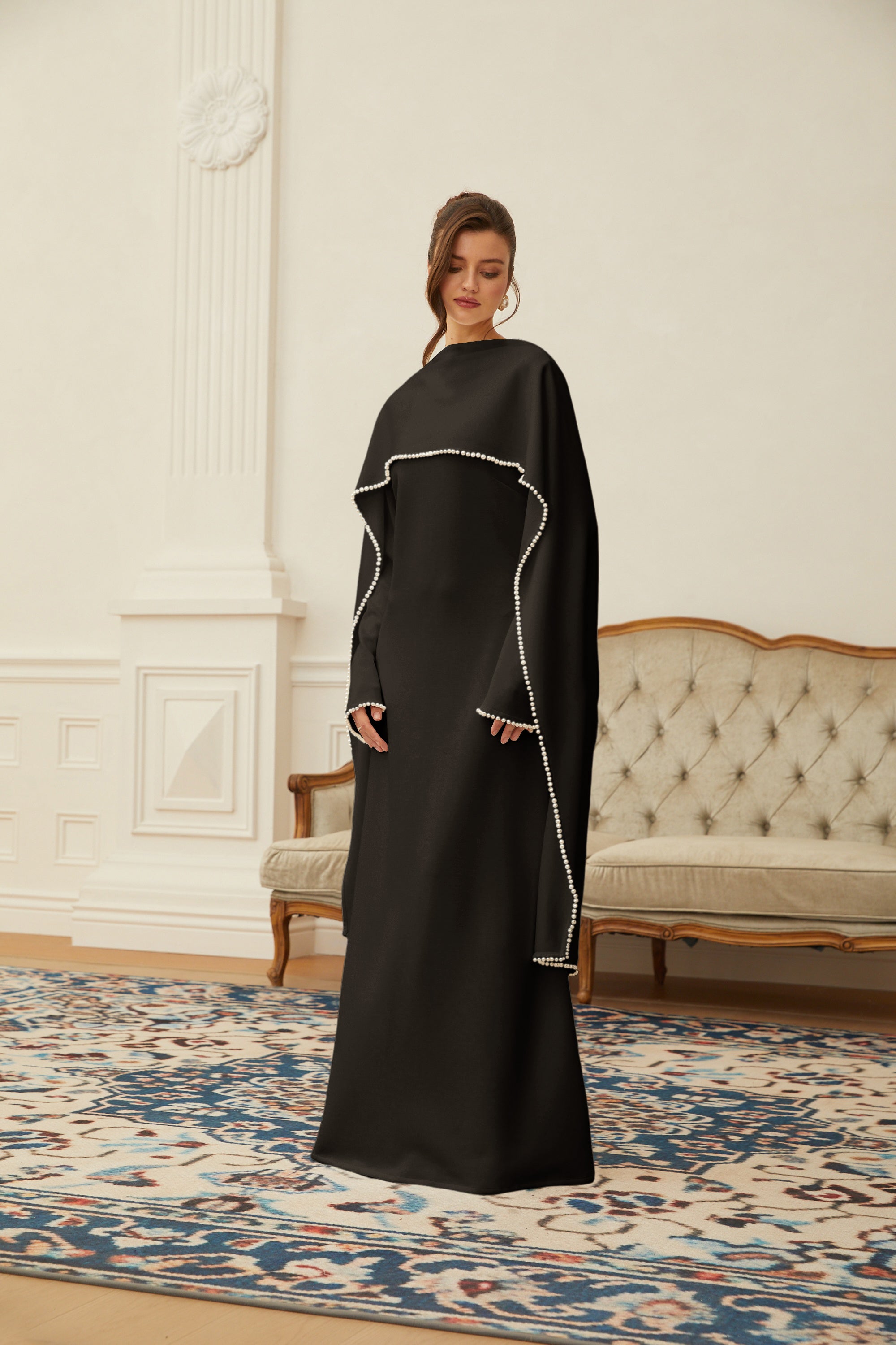 Piroska Black Pearl Trim Shawl Detail Maxi Dress