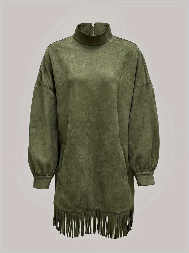 Amalia Abito in suede con collo alto e frange