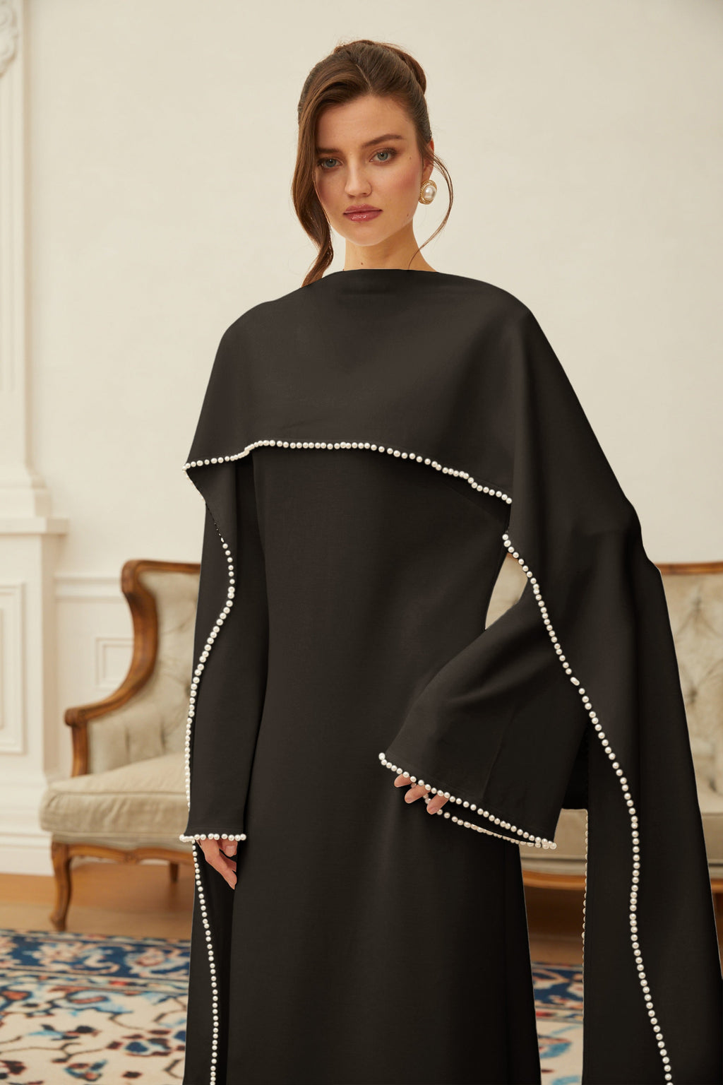 Piroska Black Pearl Trim Shawl Detail Maxi Dress