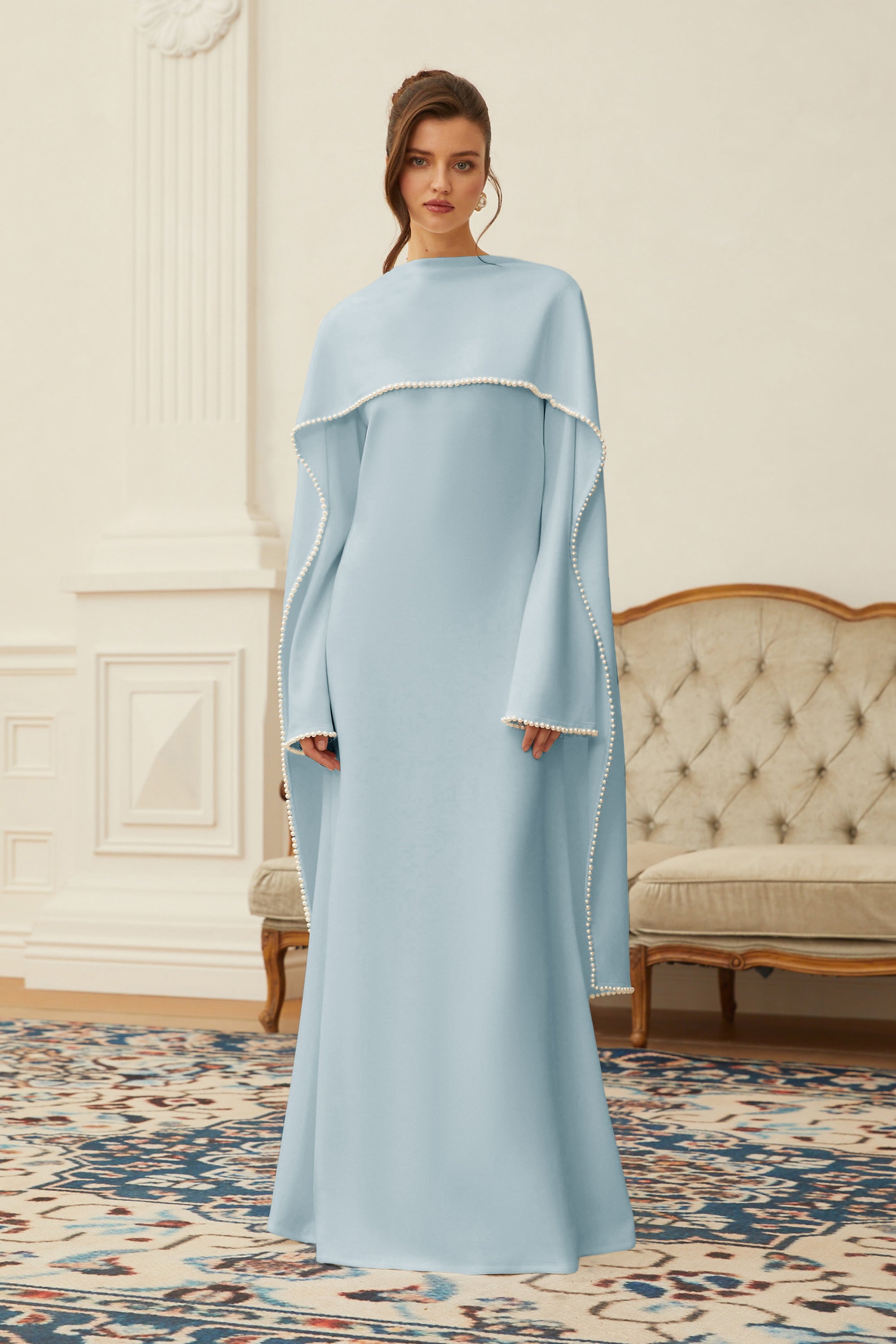 Piroska Blue Pearl Trim Shawl Detail Maxi Dress