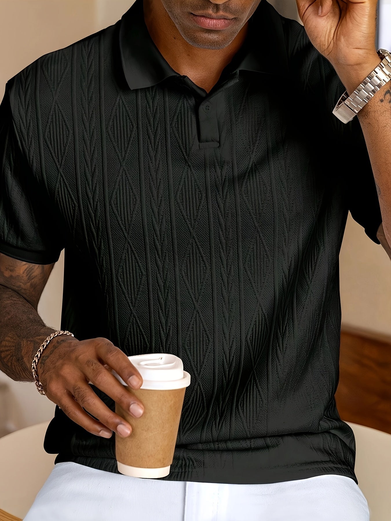 Nuovo top da uomo in tinta unita, design jacquard, tessuto morbido, polo traspirante casual da esterno per affari, adatto per le vacanze e gli appuntamenti di lavoro, essenziale per il tempo libero quotidiano.