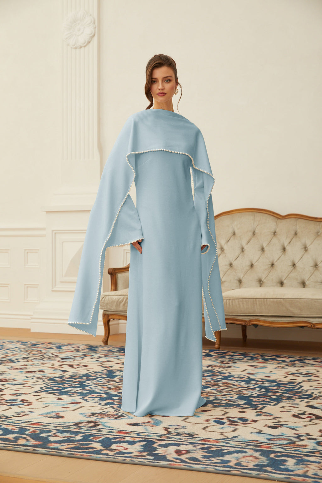 Piroska Blue Pearl Trim Shawl Detail Maxi Dress