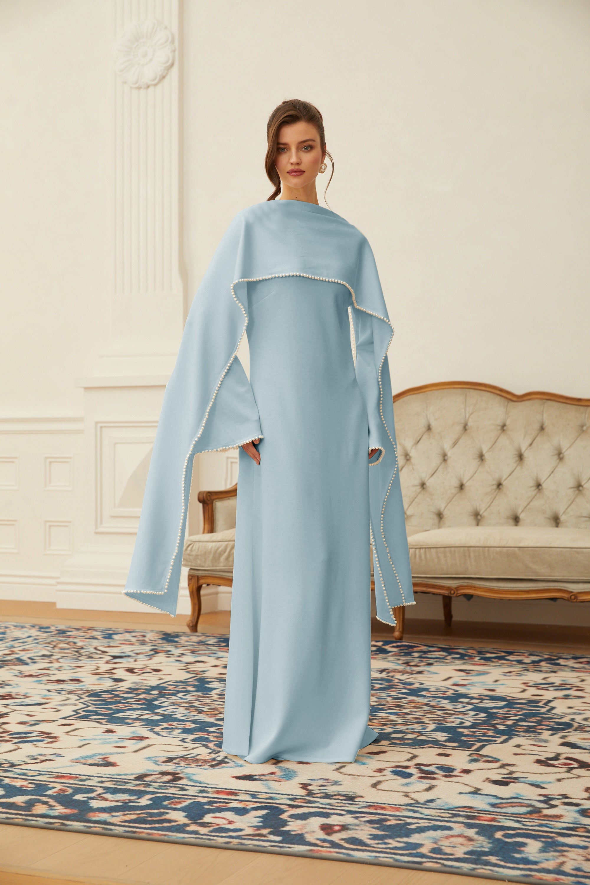 Piroska Blue Pearl Trim Shawl Detail Maxi Dress