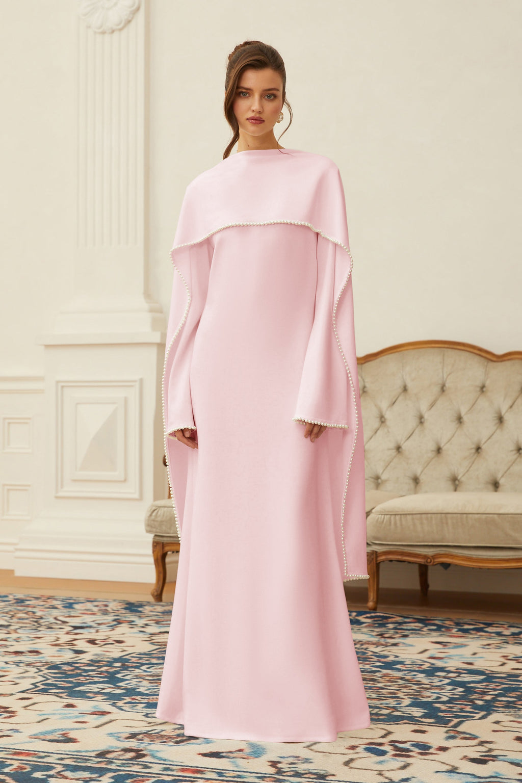 Piroska Pink Pearl Trim Shawl Detail Maxi Dress