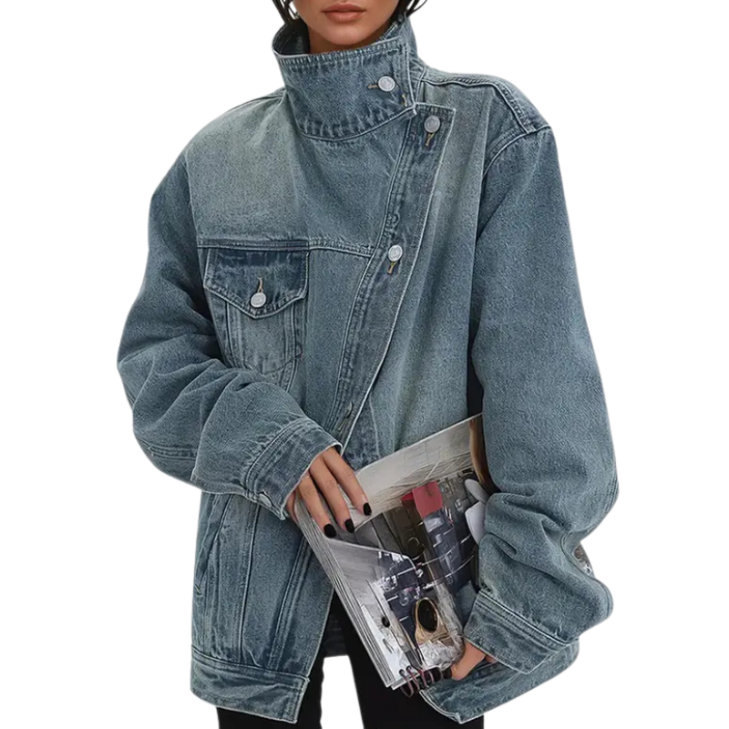 SKYE™ – Giacca Asimmetrica con Collo Alto in Denim Lavato Vintage