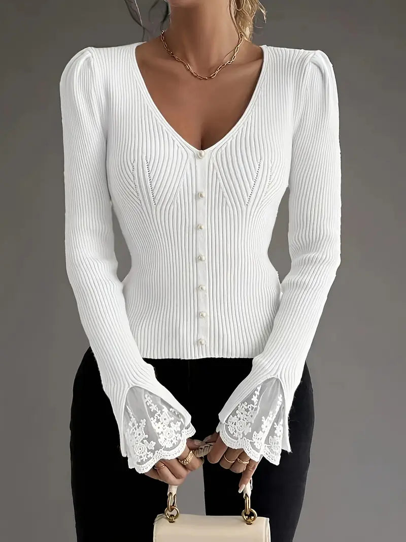 Maglia a Coste con Scollo a V e Maniche in Pizzo