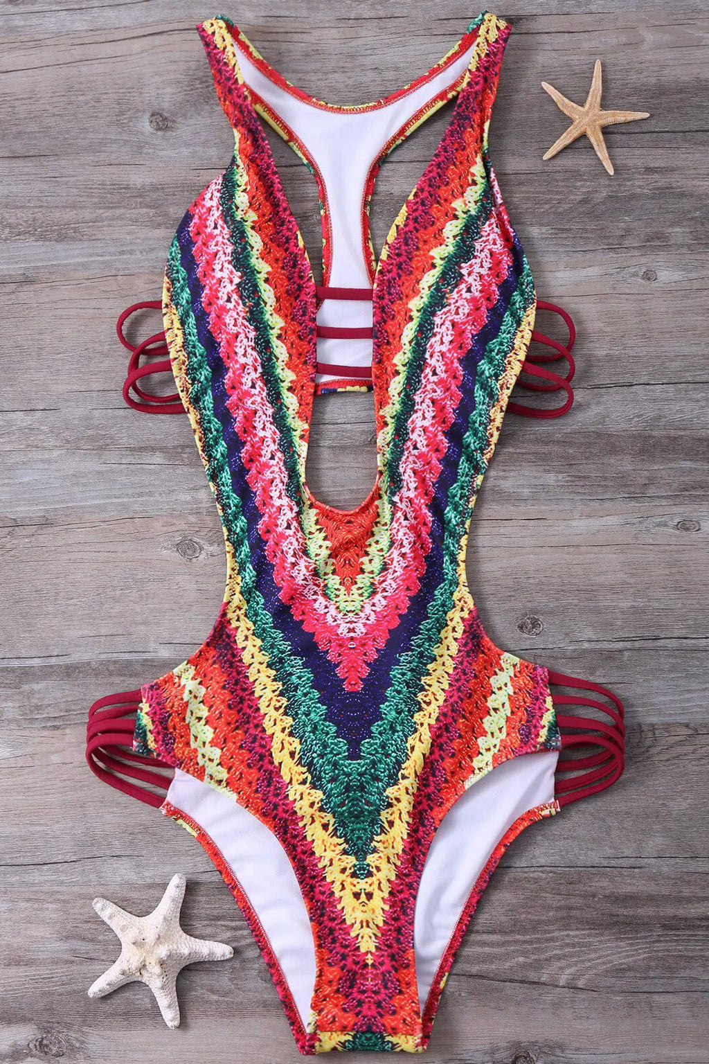 Costume Intero con Stampa Uncinetto e Schiena Scoperta