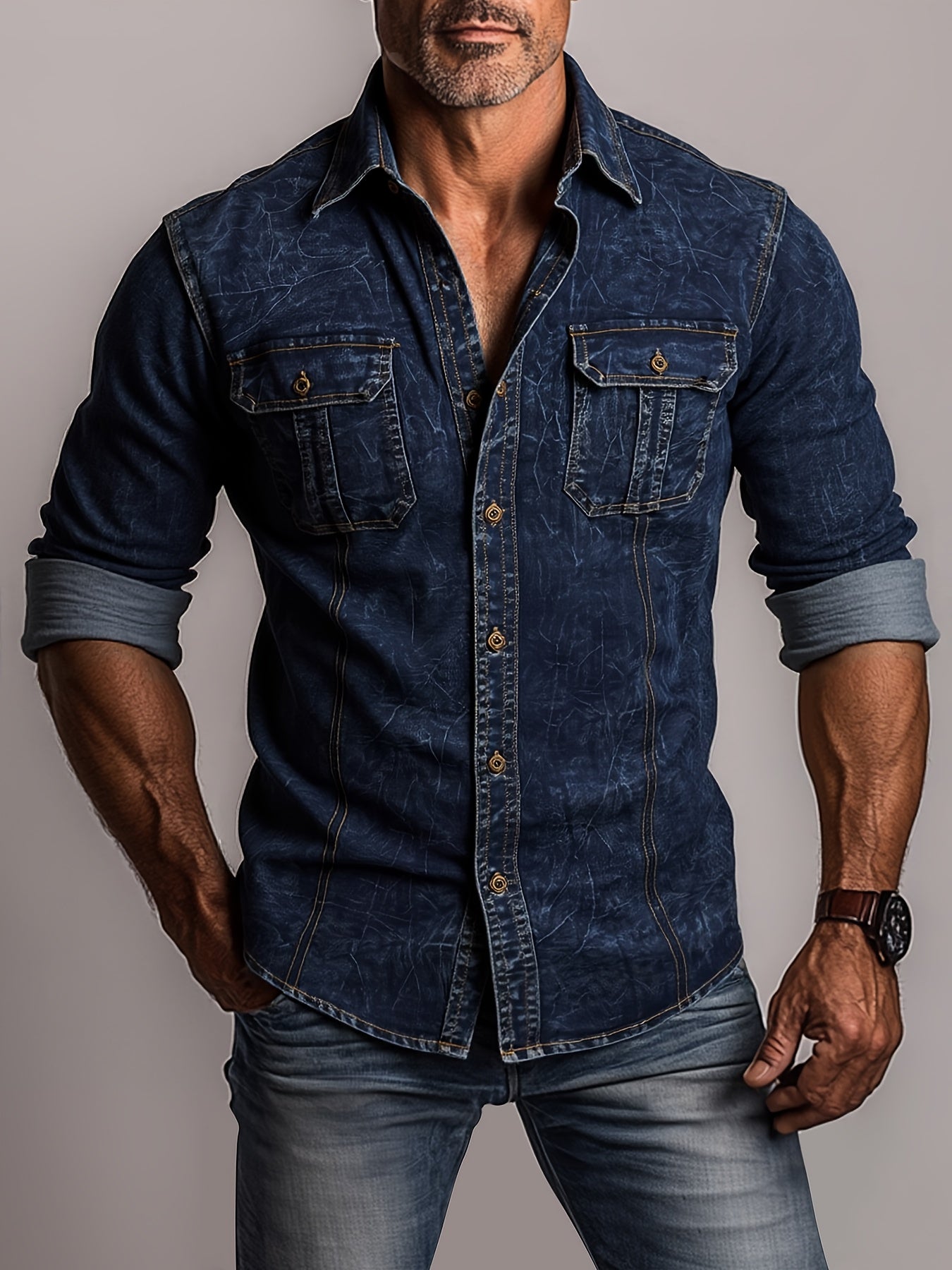 Camicia di jeans da uomo alla moda, nuova tendenza, camicetta di jeans da uomo, camicia di jeans primavera autunno, bad boy, affascinante, doppio taschino, camicia di jeans casual a maniche lunghe, top di jeans versatile
