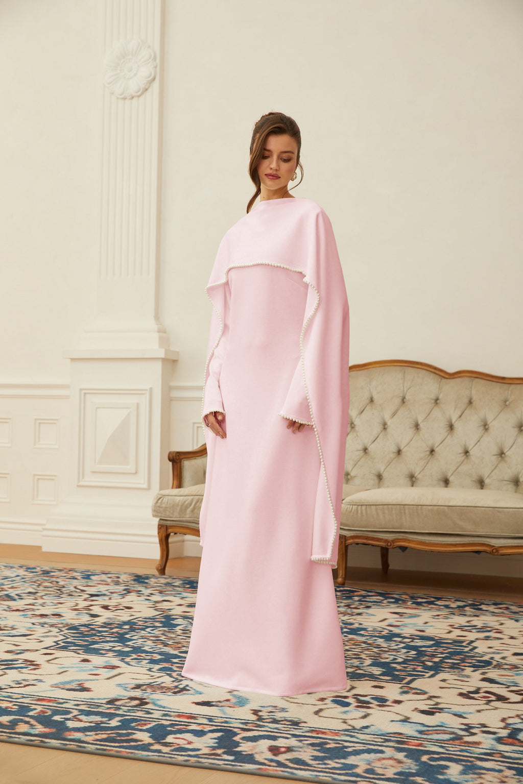 Piroska Pink Pearl Trim Shawl Detail Maxi Dress