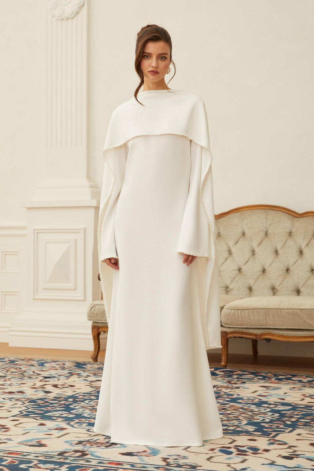 Piroska White Pearl Trim Shawl Detail Maxi Dress