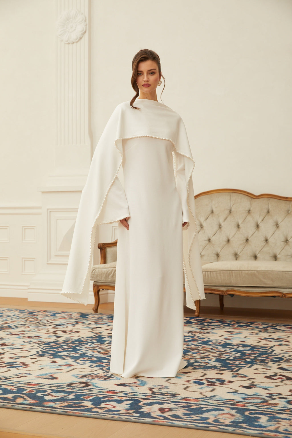 Piroska White Pearl Trim Shawl Detail Maxi Dress