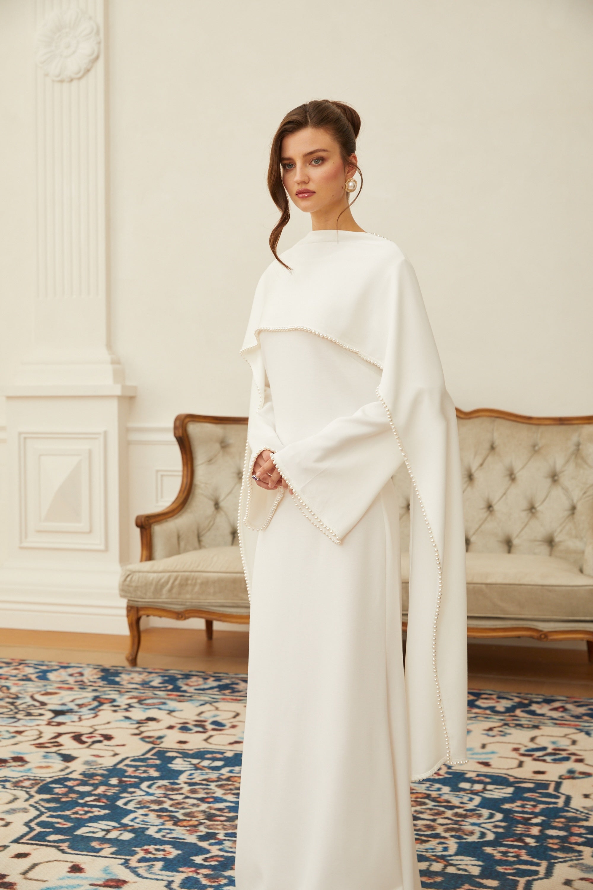 Piroska White Pearl Trim Shawl Detail Maxi Dress