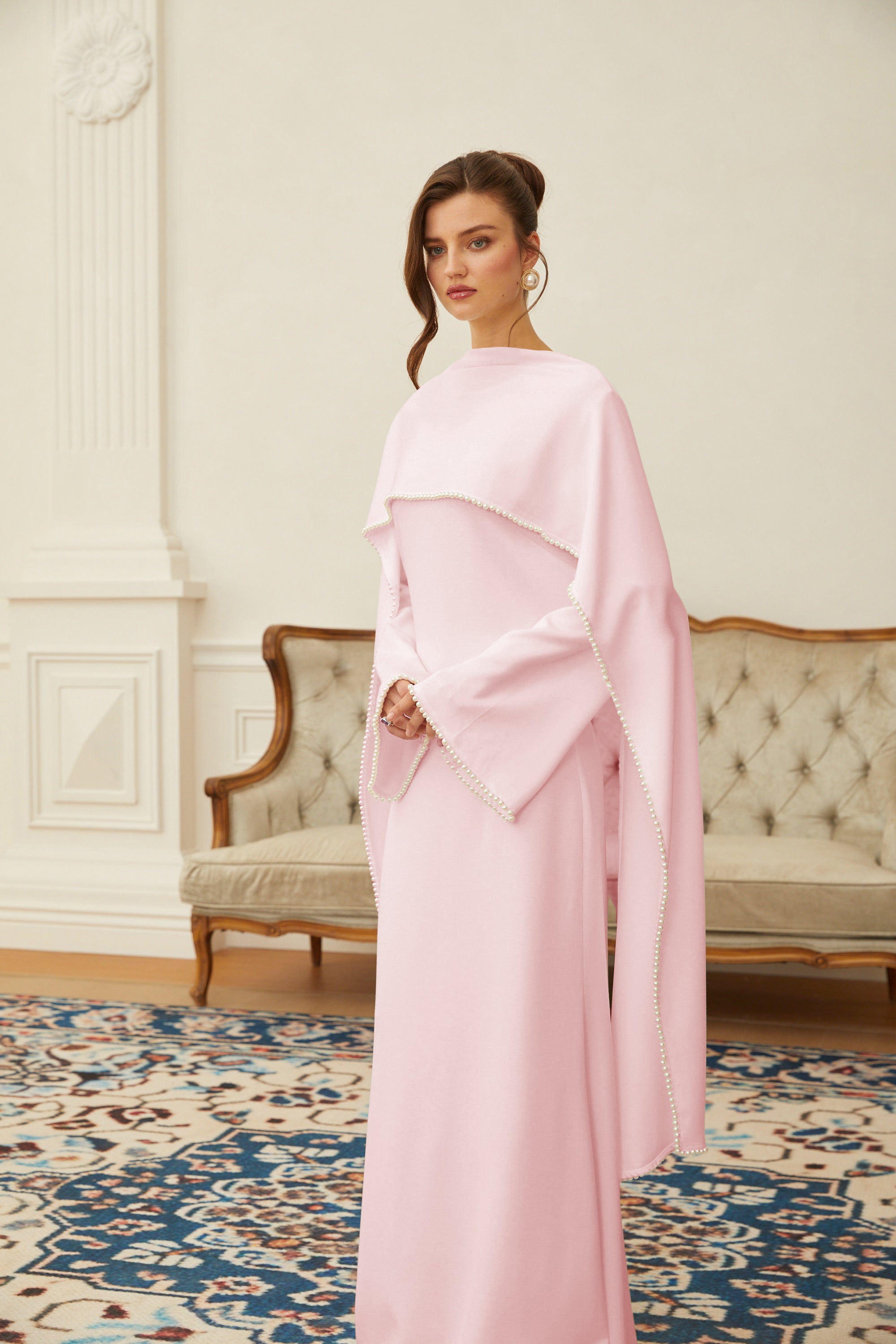 Piroska Pink Pearl Trim Shawl Detail Maxi Dress