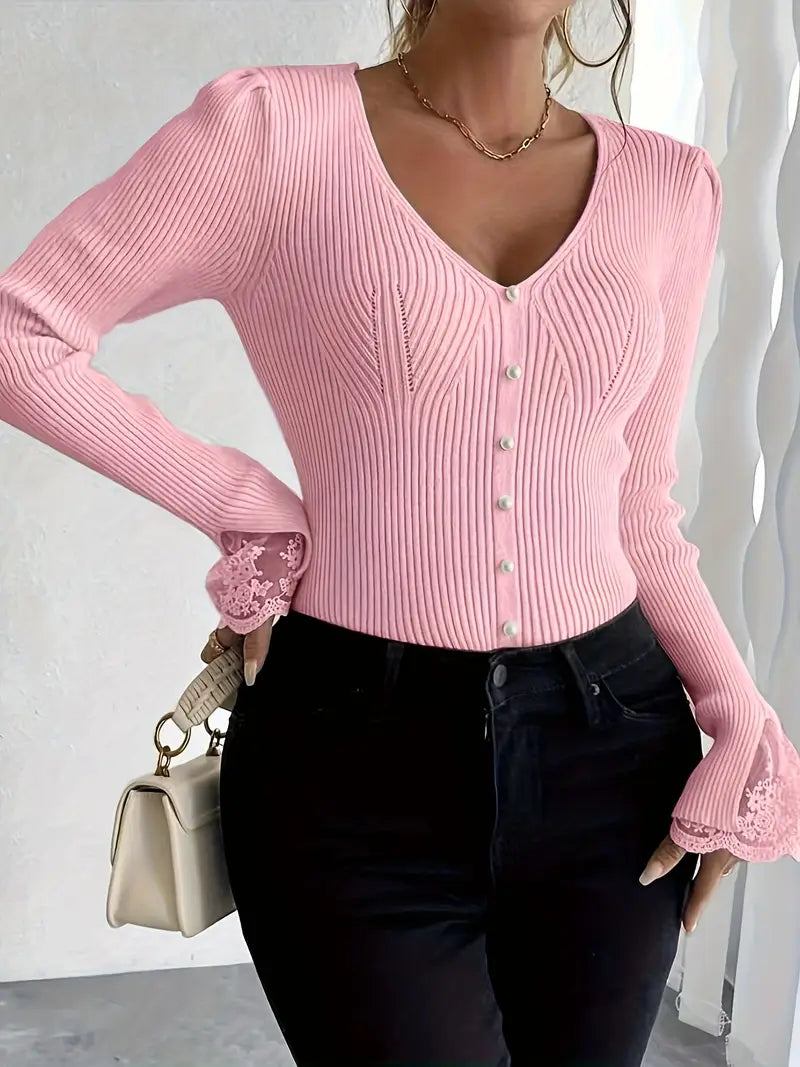 Maglia a Coste con Scollo a V e Maniche in Pizzo