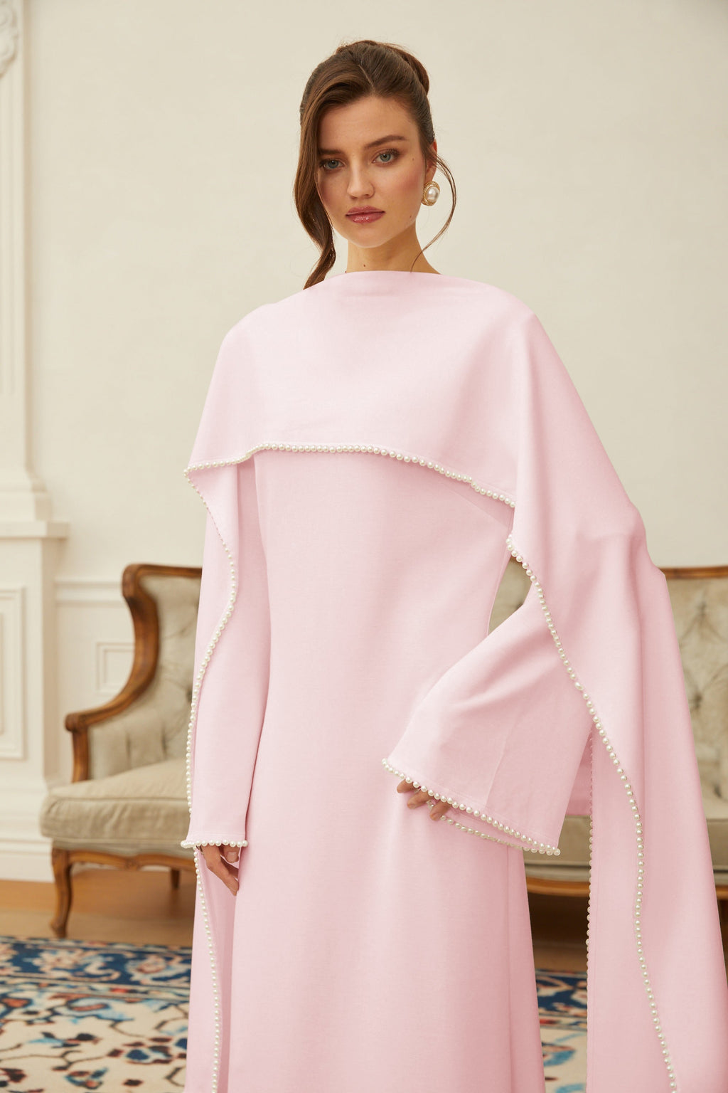 Piroska Pink Pearl Trim Shawl Detail Maxi Dress