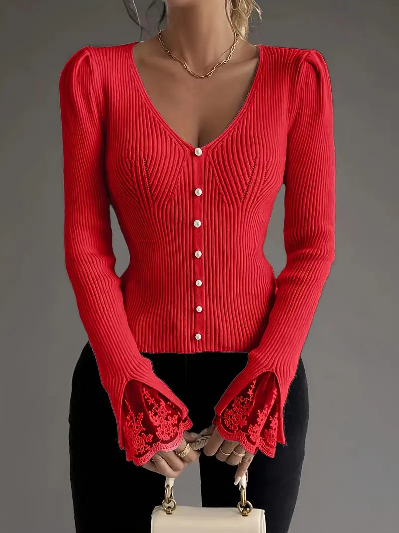 Maglia a Coste con Scollo a V e Maniche in Pizzo