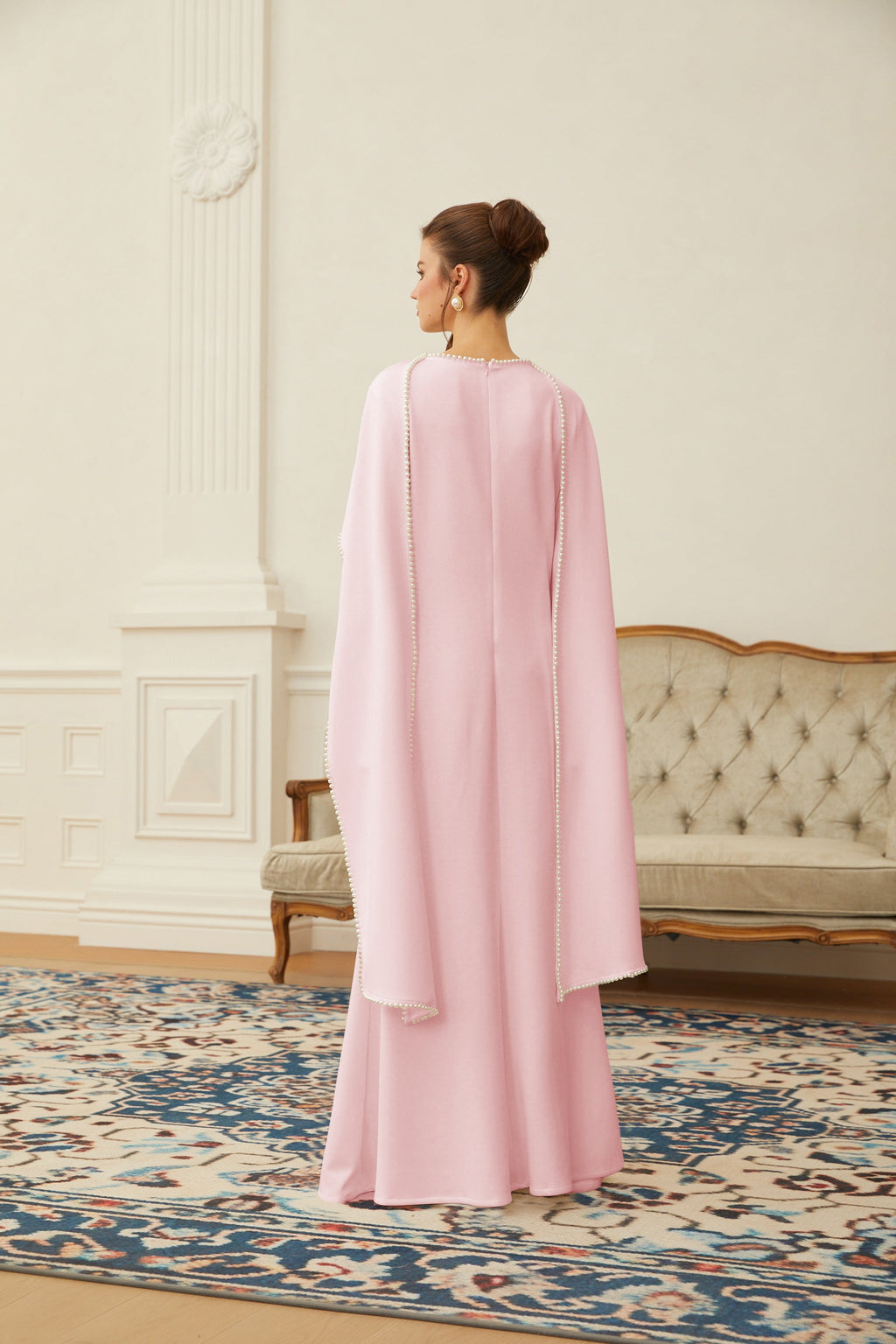 Piroska Pink Pearl Trim Shawl Detail Maxi Dress
