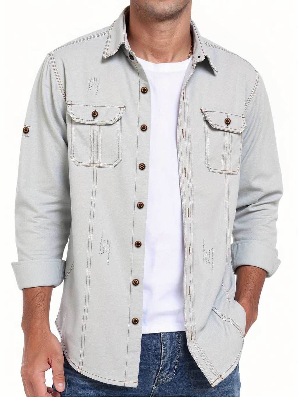 Camicia di jeans da uomo alla moda, nuova tendenza, camicetta di jeans da uomo, camicia di jeans primavera autunno, bad boy, affascinante, doppio taschino, camicia di jeans casual a maniche lunghe, top di jeans versatile