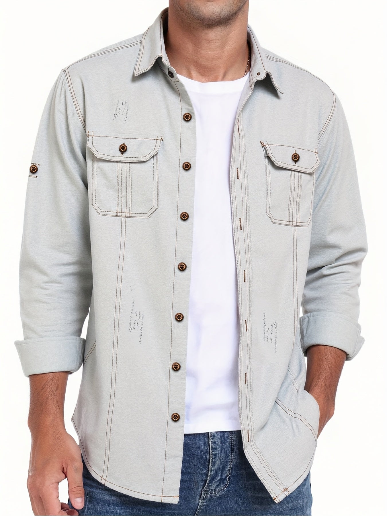 Camicia di jeans da uomo alla moda, nuova tendenza, camicetta di jeans da uomo, camicia di jeans primavera autunno, bad boy, affascinante, doppio taschino, camicia di jeans casual a maniche lunghe, top di jeans versatile