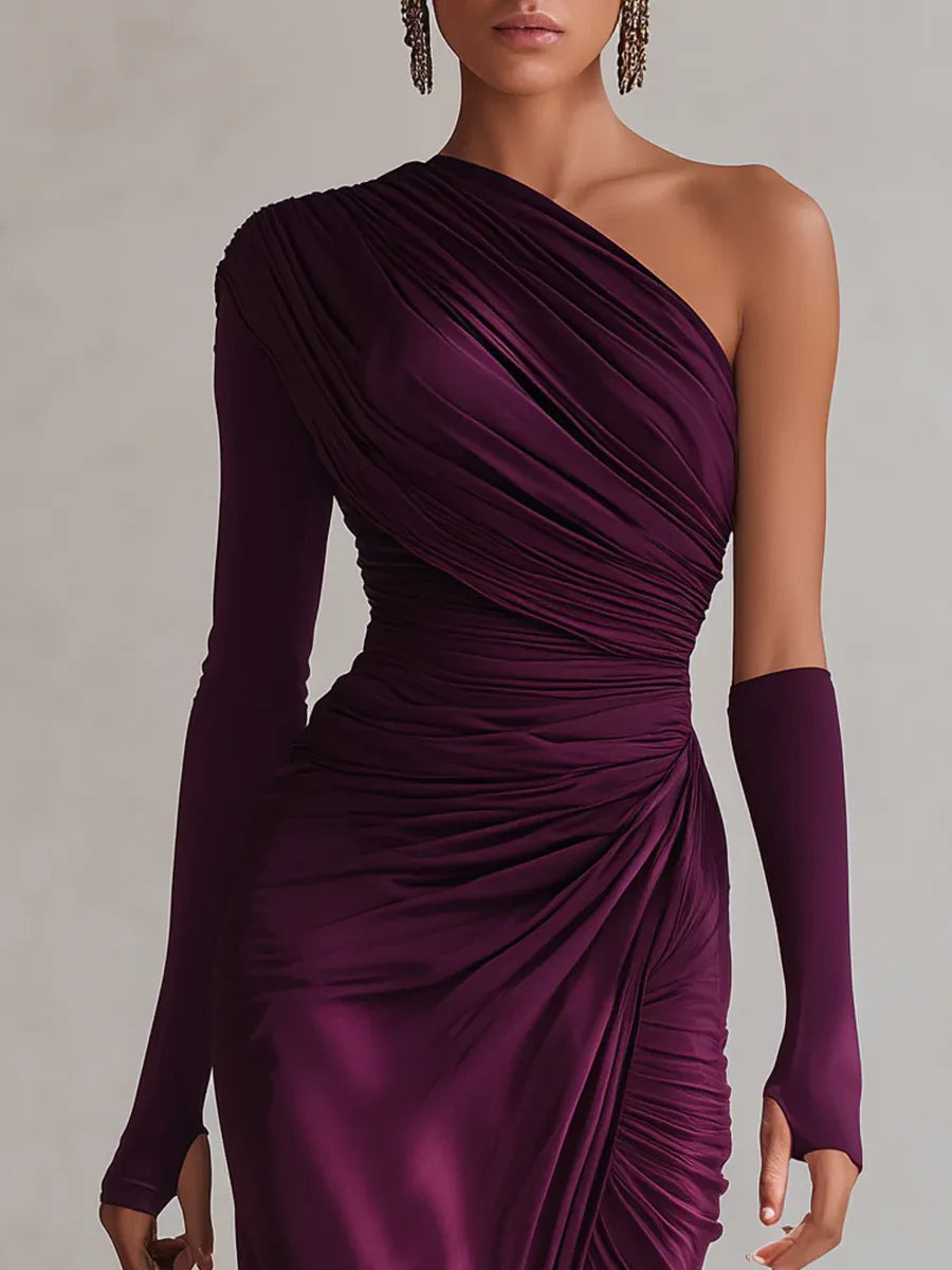 Rosalia - Elegante abito maxi viola sexy a spalla unica