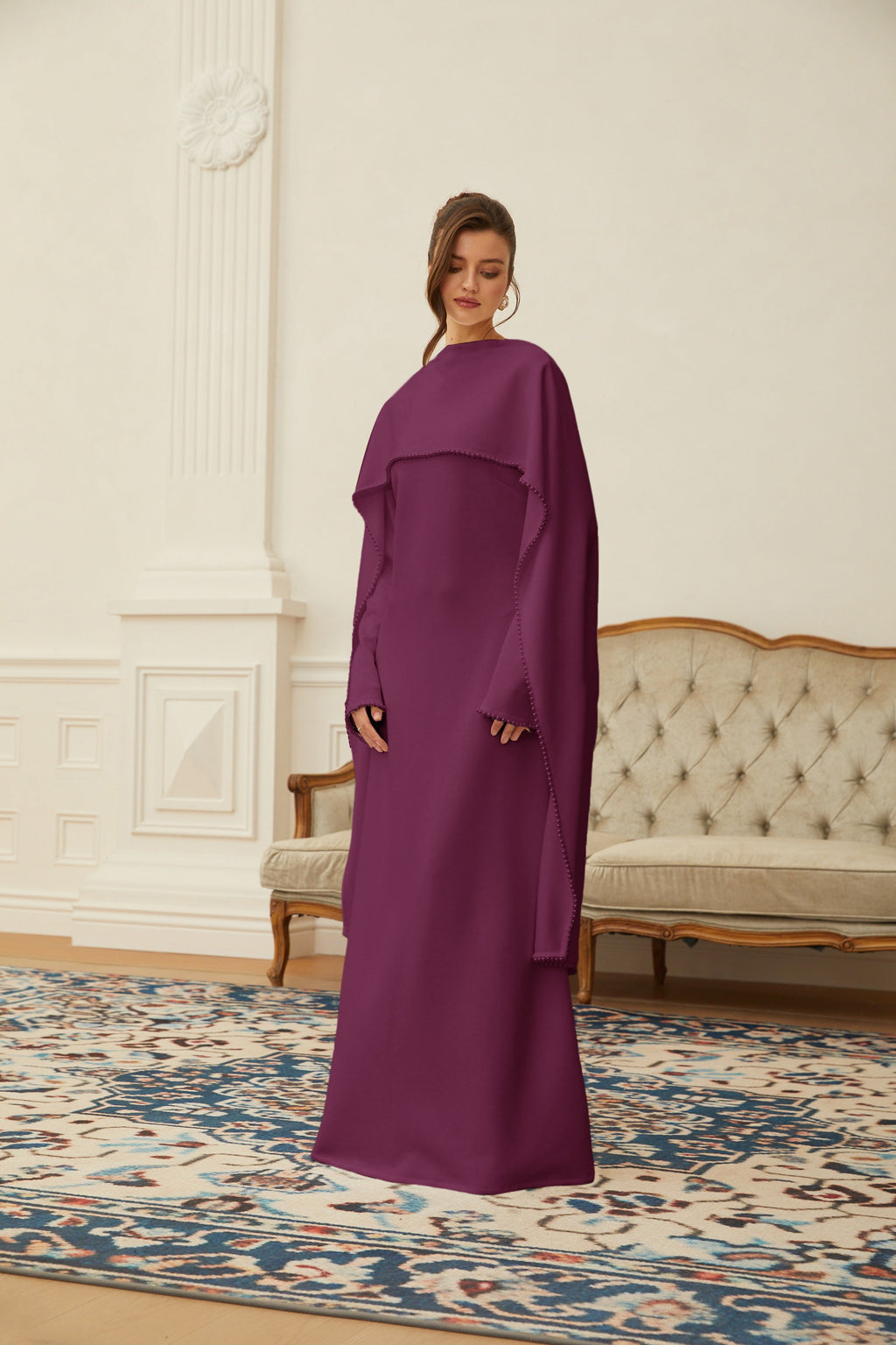 Piroska Purple Pearl Trim Shawl Detail Maxi Dress