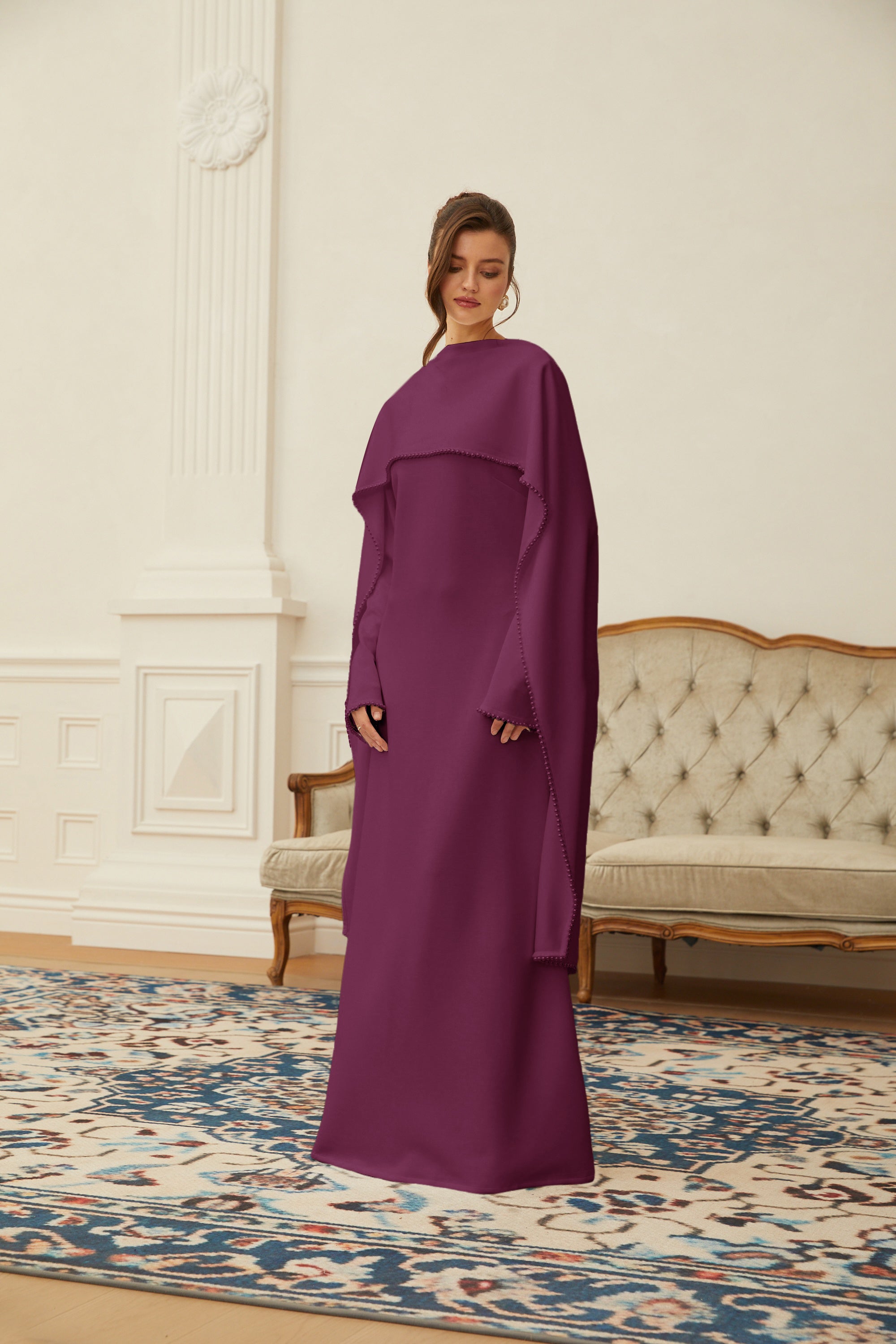 Piroska Purple Pearl Trim Shawl Detail Maxi Dress