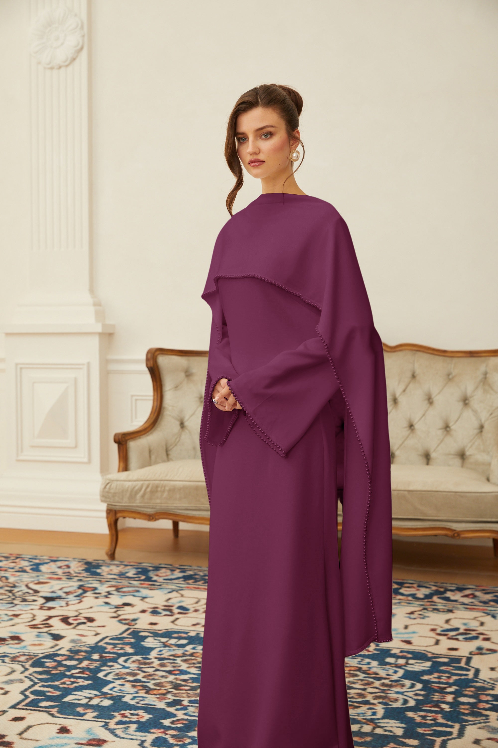 Piroska Purple Pearl Trim Shawl Detail Maxi Dress