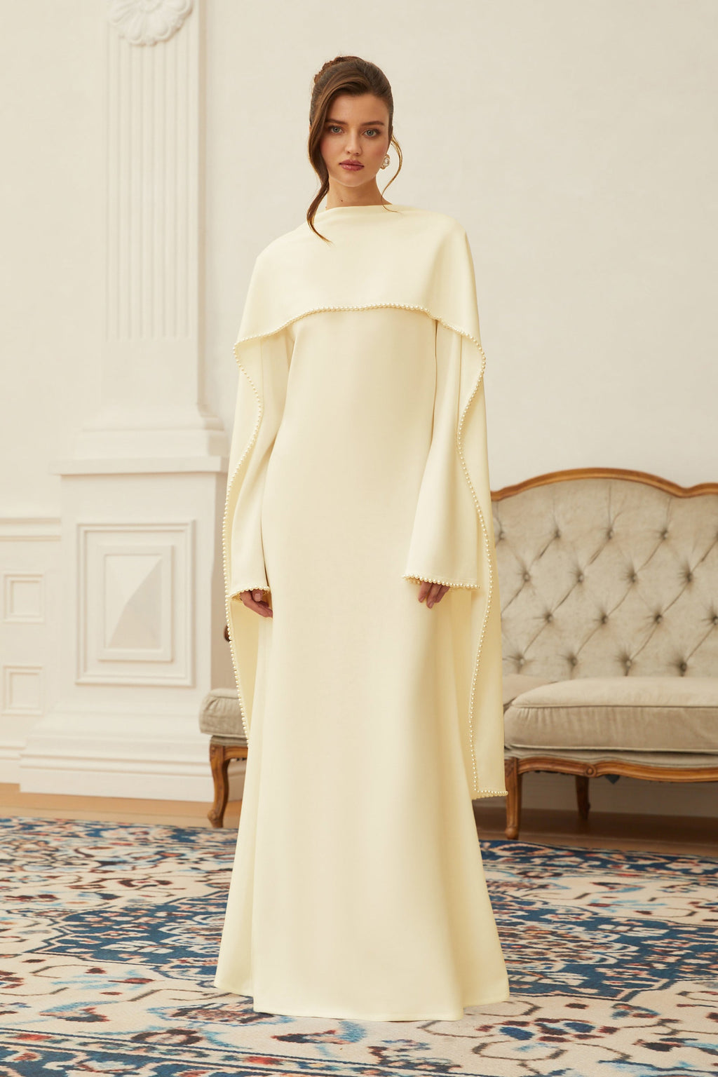 Yellow Pearl Trim Shawl Detail Maxi Dress