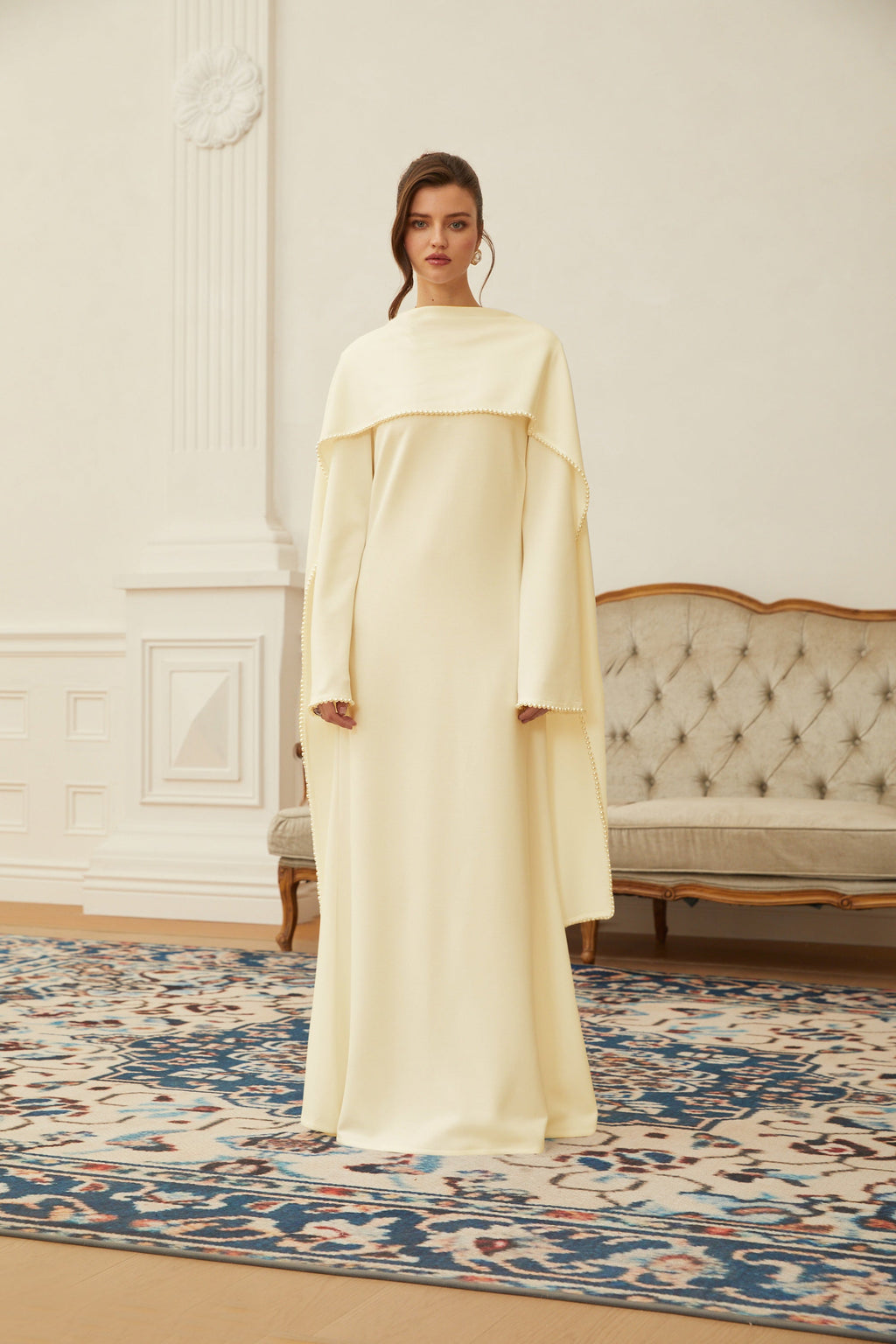 Yellow Pearl Trim Shawl Detail Maxi Dress