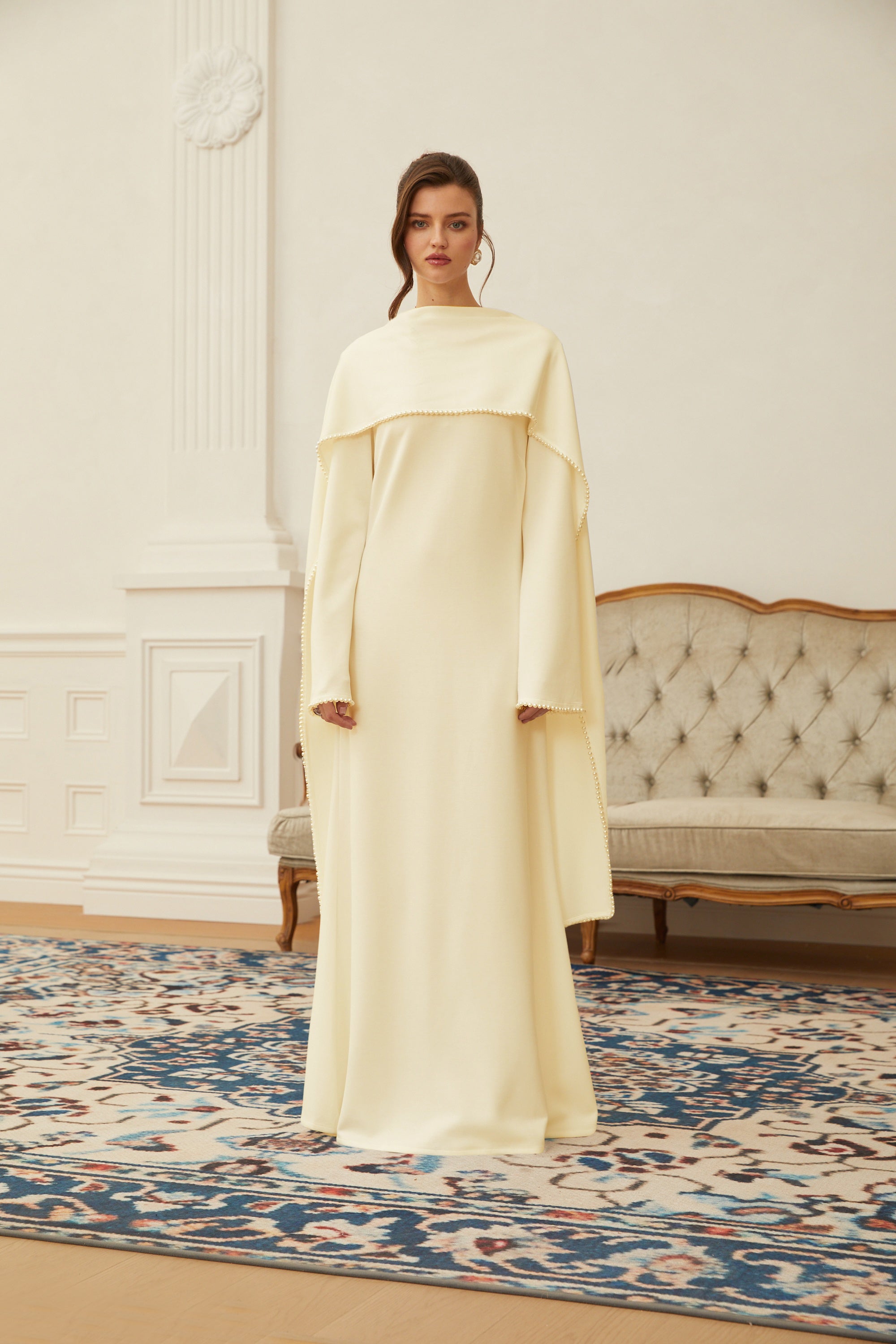 Yellow Pearl Trim Shawl Detail Maxi Dress