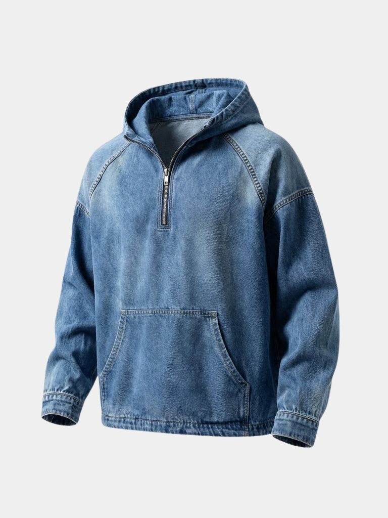 Giacca a Zip Quarto con Cappuccio in Denim Artigianale