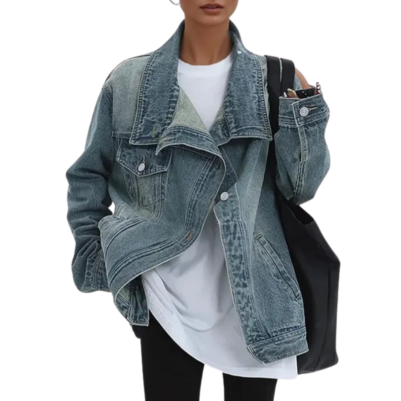 SKYE™ – Giacca Asimmetrica con Collo Alto in Denim Lavato Vintage