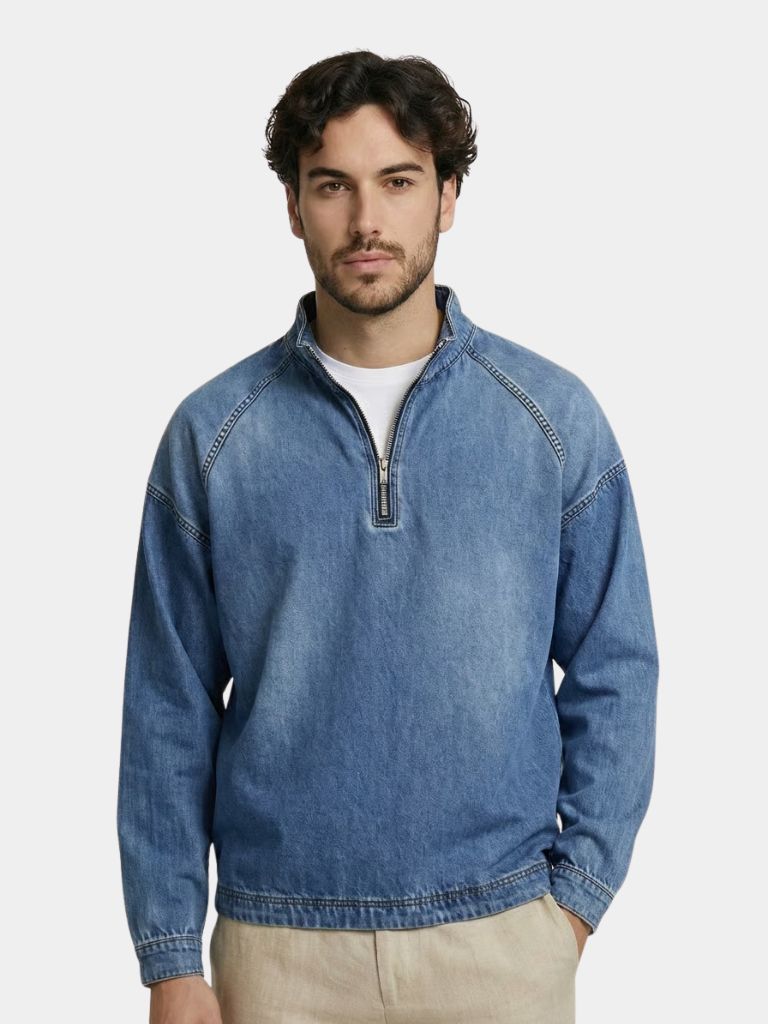 Giacca in Denim Stonewash con Zip a Quarto