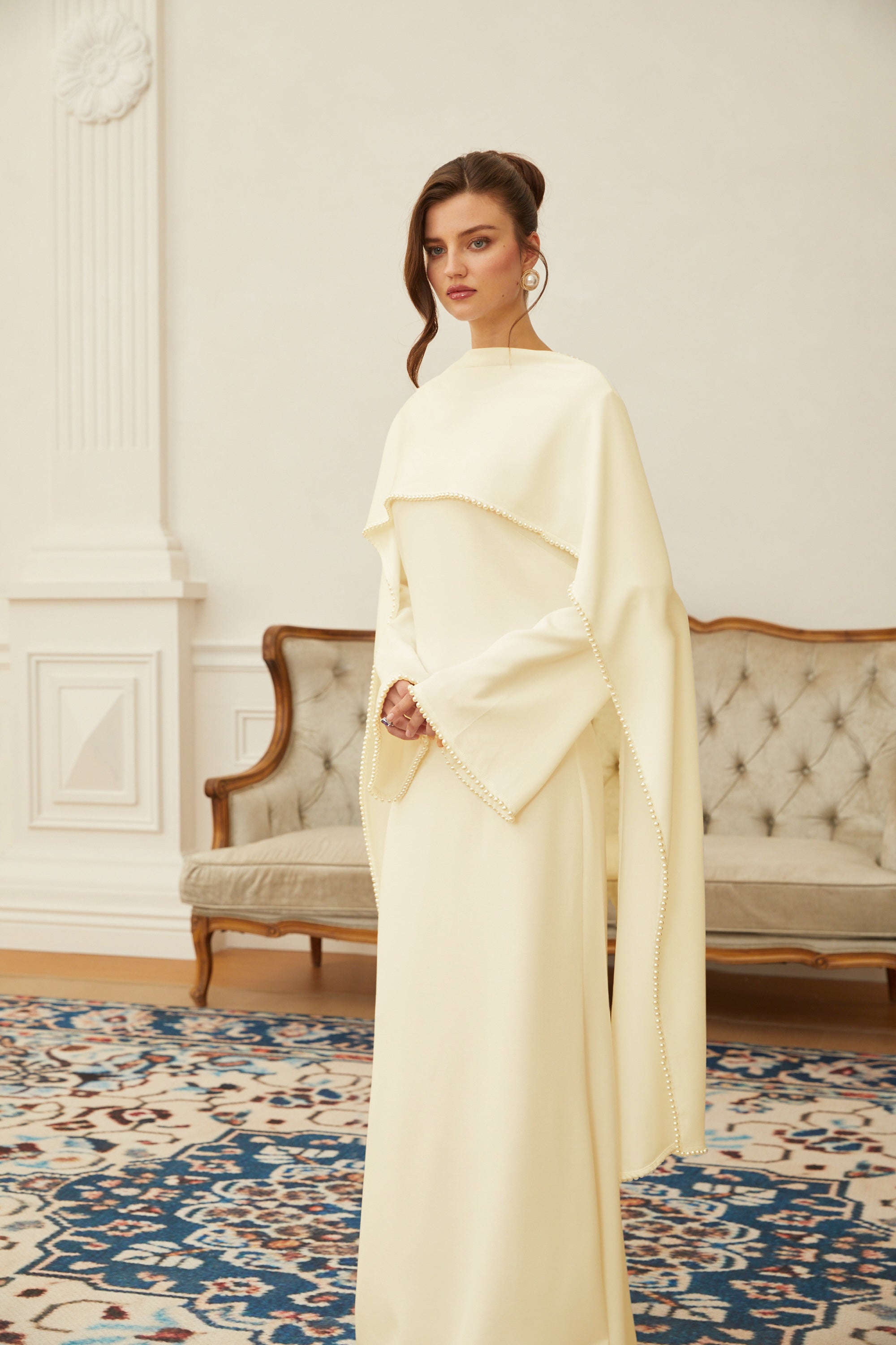 Yellow Pearl Trim Shawl Detail Maxi Dress