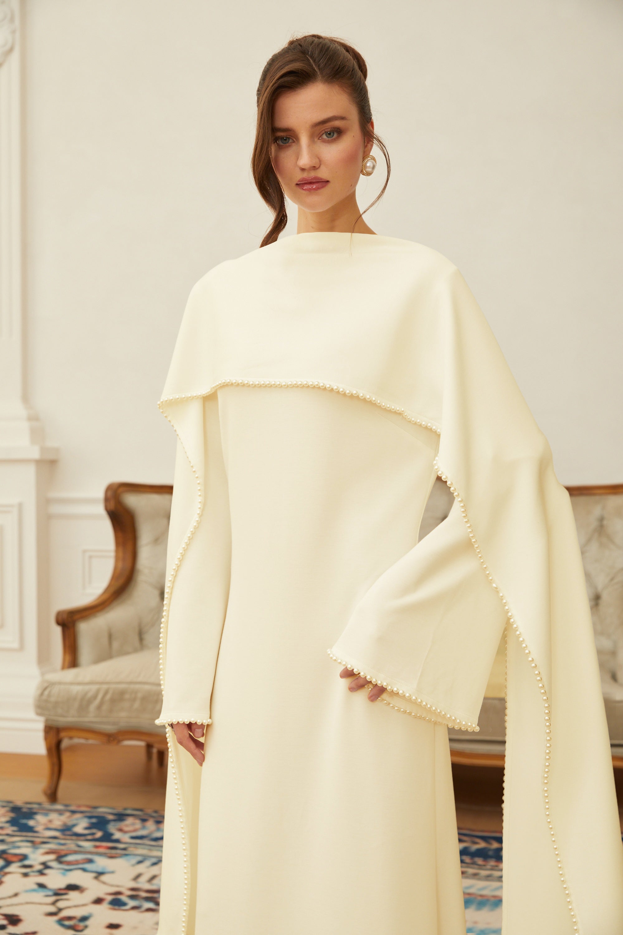 Yellow Pearl Trim Shawl Detail Maxi Dress