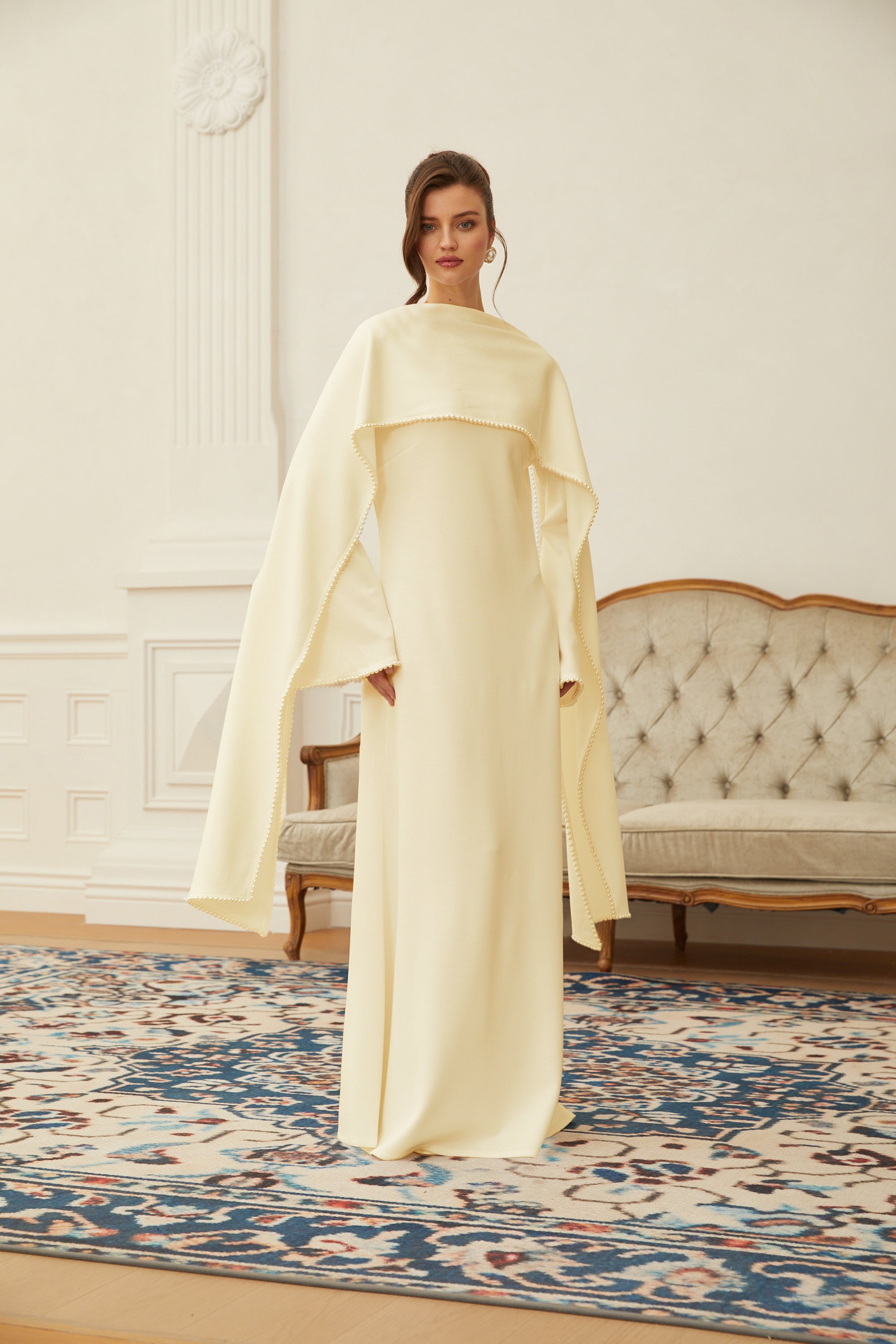 Yellow Pearl Trim Shawl Detail Maxi Dress