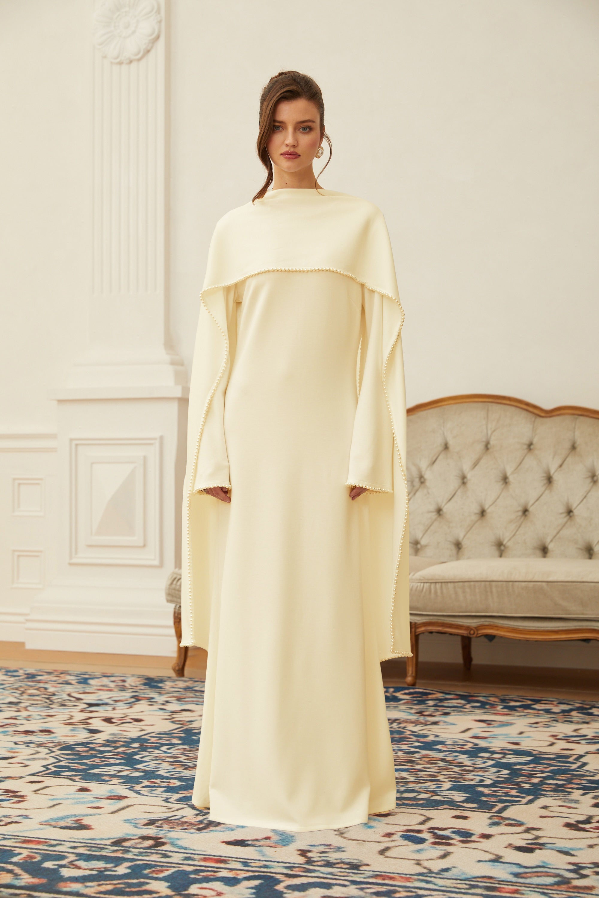 Yellow Pearl Trim Shawl Detail Maxi Dress