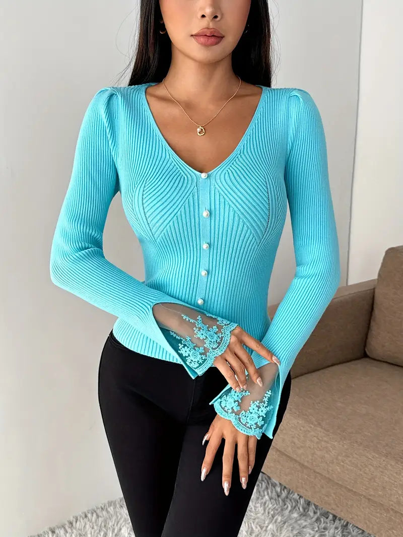 Maglia a Coste con Scollo a V e Maniche in Pizzo