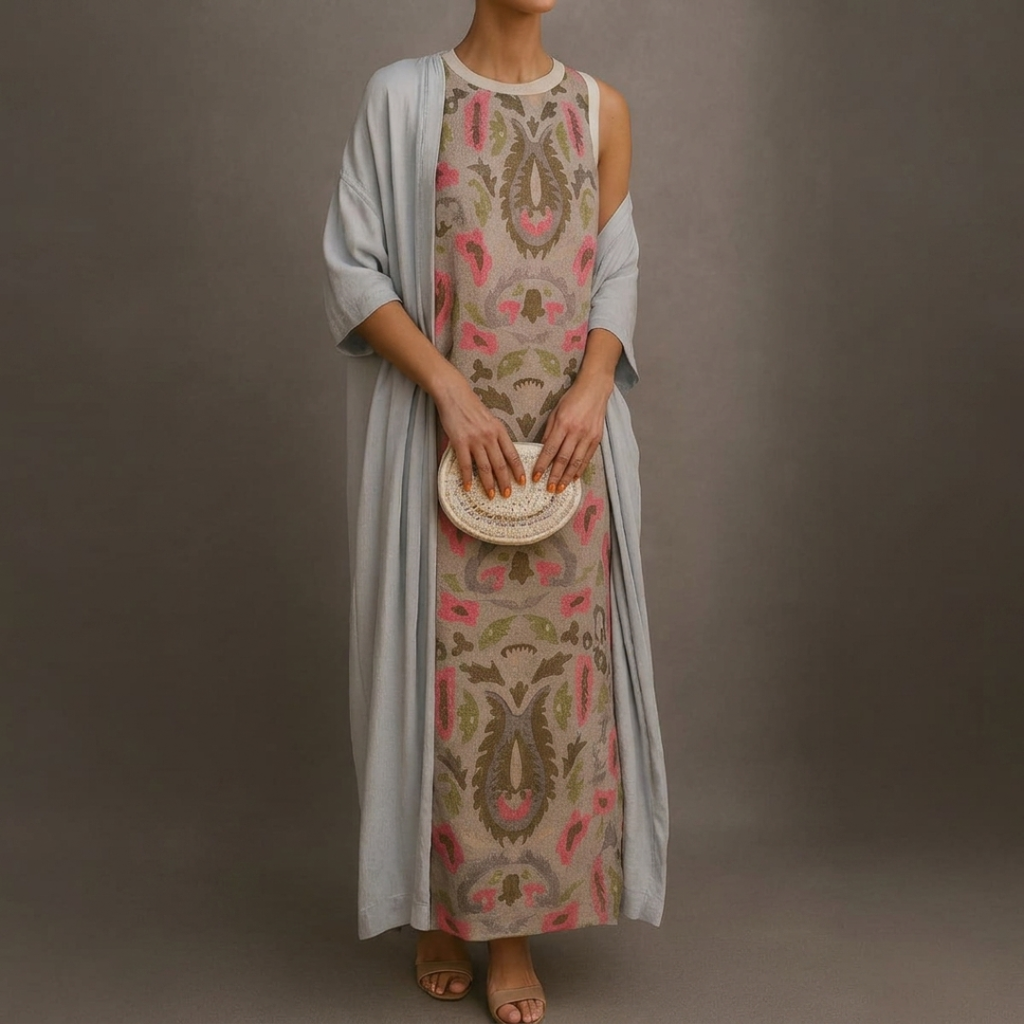 Daniela | Abito lungo stampato con gilet coordinato