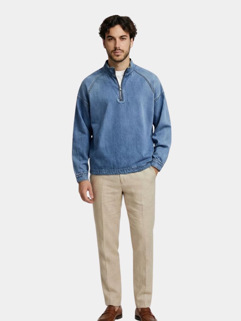 Giacca in Denim Stonewash con Zip a Quarto