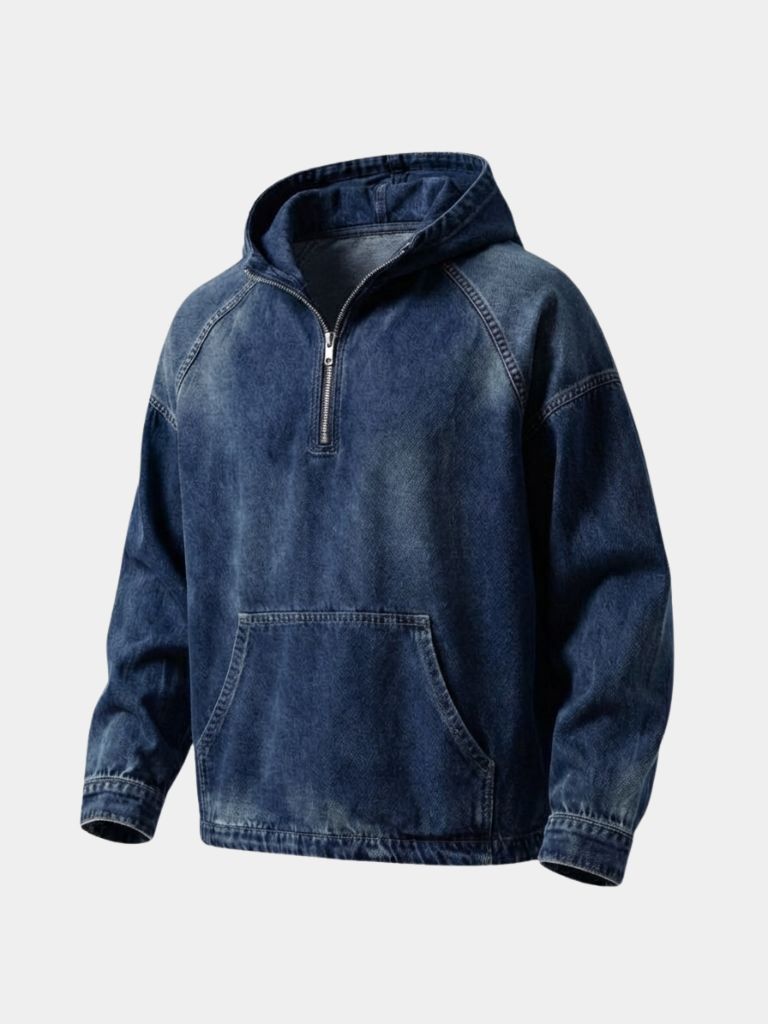 Giacca a Zip Quarto con Cappuccio in Denim Artigianale