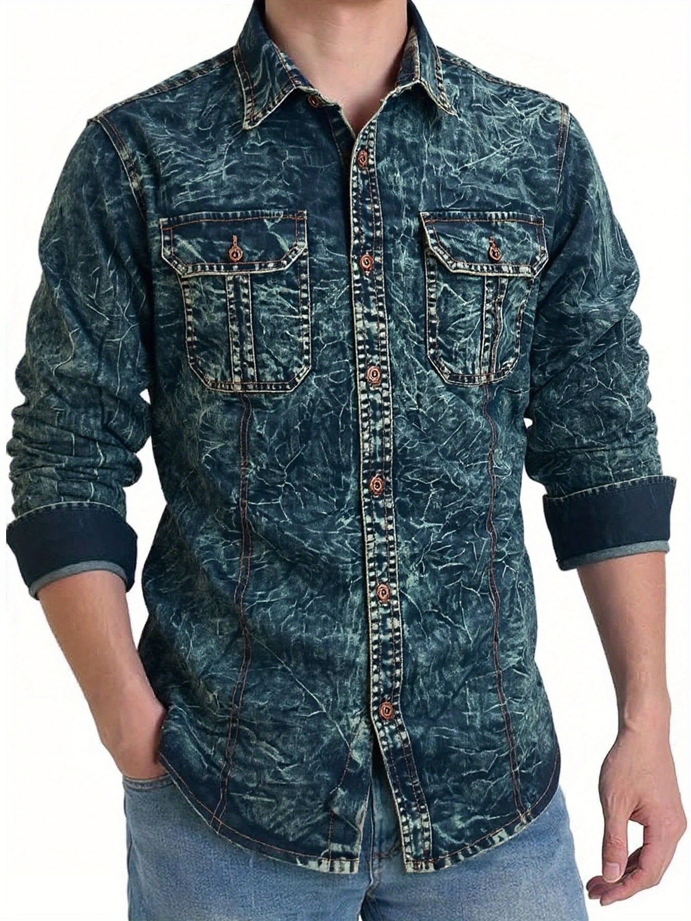 Camicia di jeans da uomo alla moda, nuova tendenza, camicetta di jeans da uomo, camicia di jeans primavera autunno, bad boy, affascinante, doppio taschino, camicia di jeans casual a maniche lunghe, top di jeans versatile