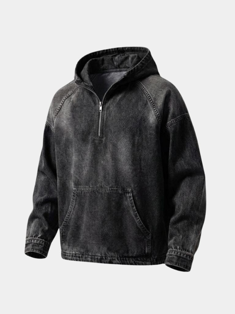 Giacca a Zip Quarto con Cappuccio in Denim Artigianale