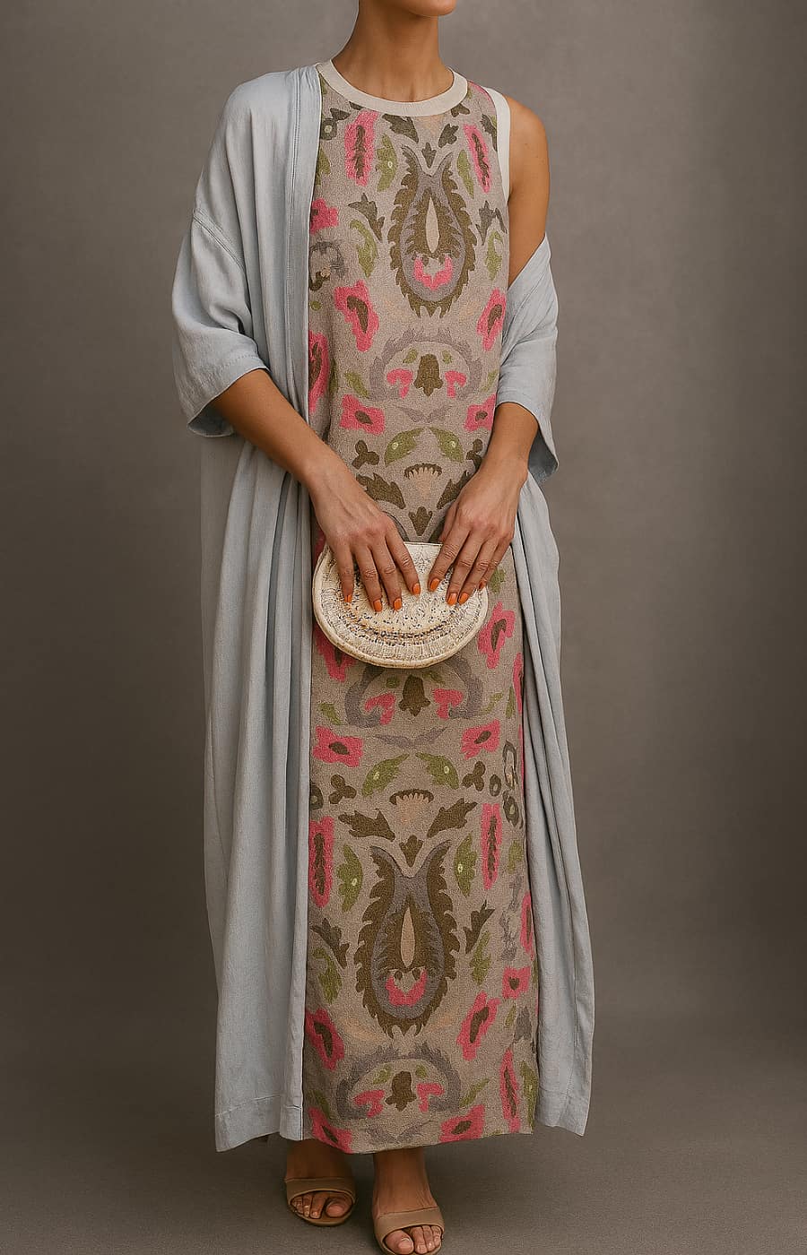 Élina | Set composto da un abito lungo stampato con cardigan coordinato.