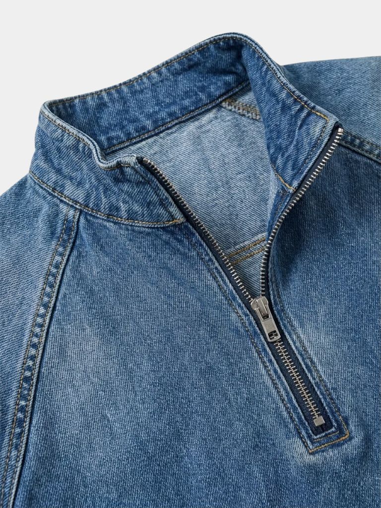 Giacca in Denim Stonewash con Zip a Quarto