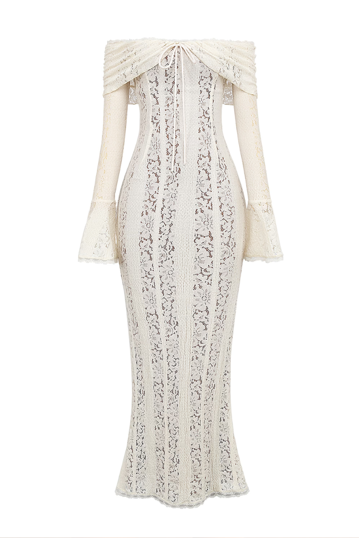 Abito Elegante Spalle Scoperte in Pizzo Maniche Lunghe