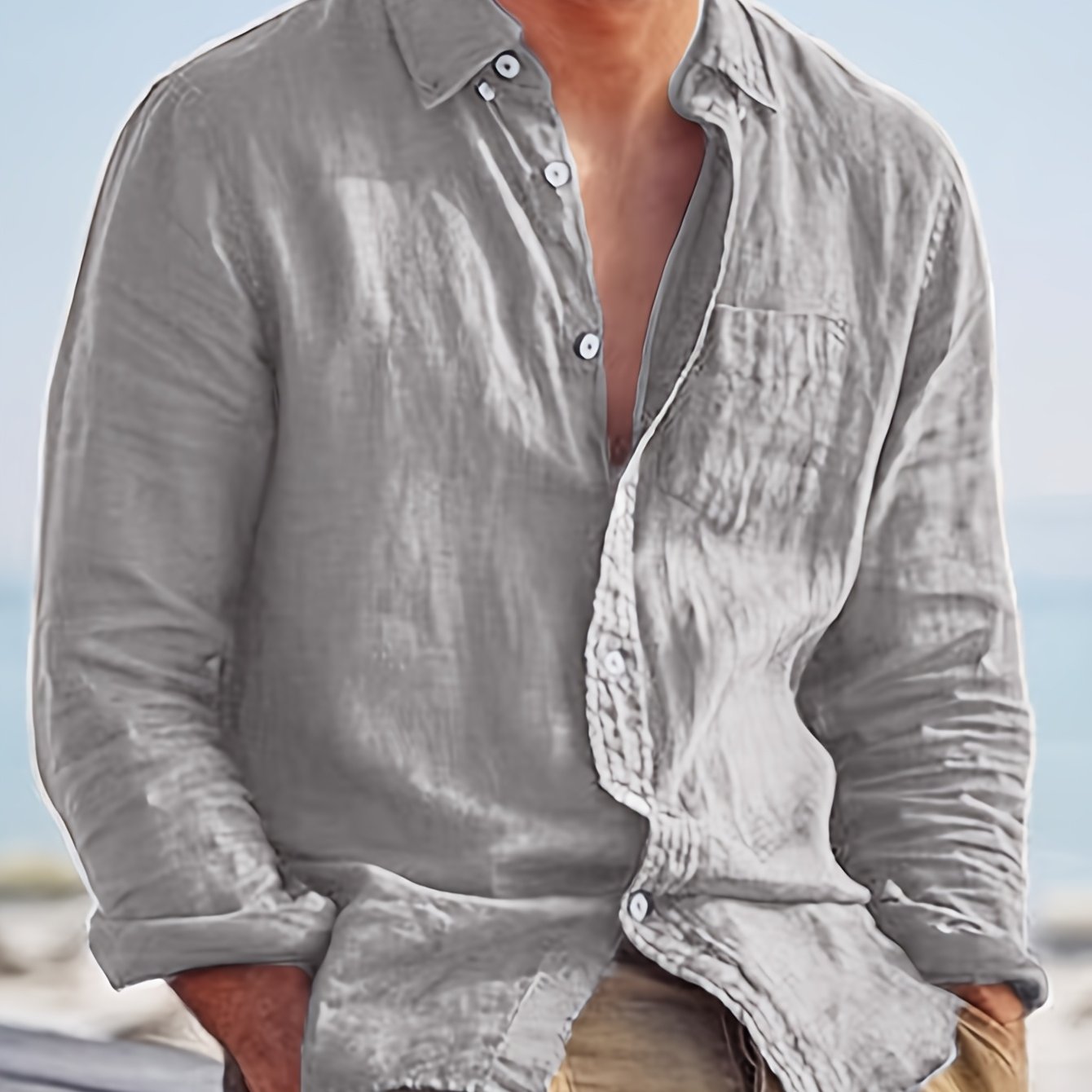 Camicia casual da uomo a maniche lunghe, alla moda, facile, comoda, trendy, tinta unita, con bottoni, adatta a tutti gli abiti, camicia a maniche lunghe