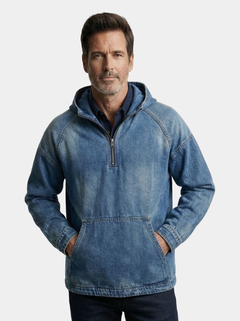 Giacca a Zip Quarto con Cappuccio in Denim Artigianale