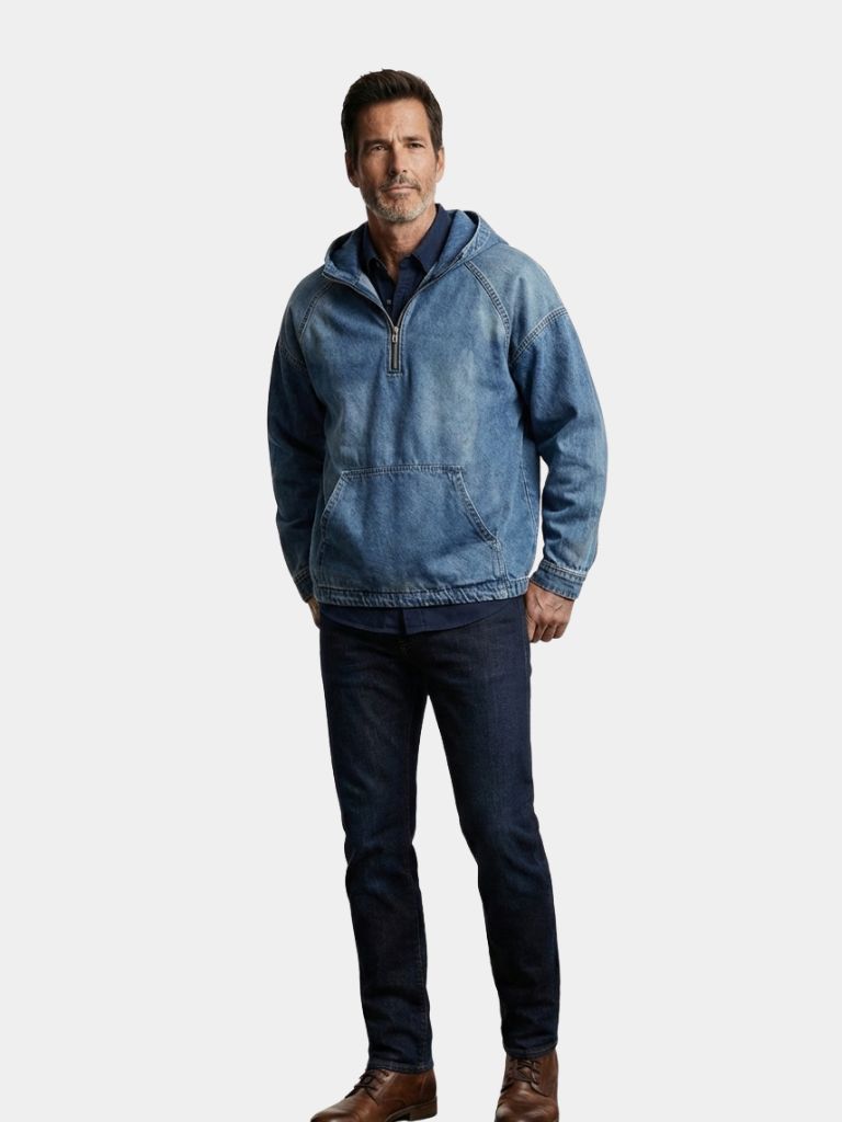 Giacca a Zip Quarto con Cappuccio in Denim Artigianale